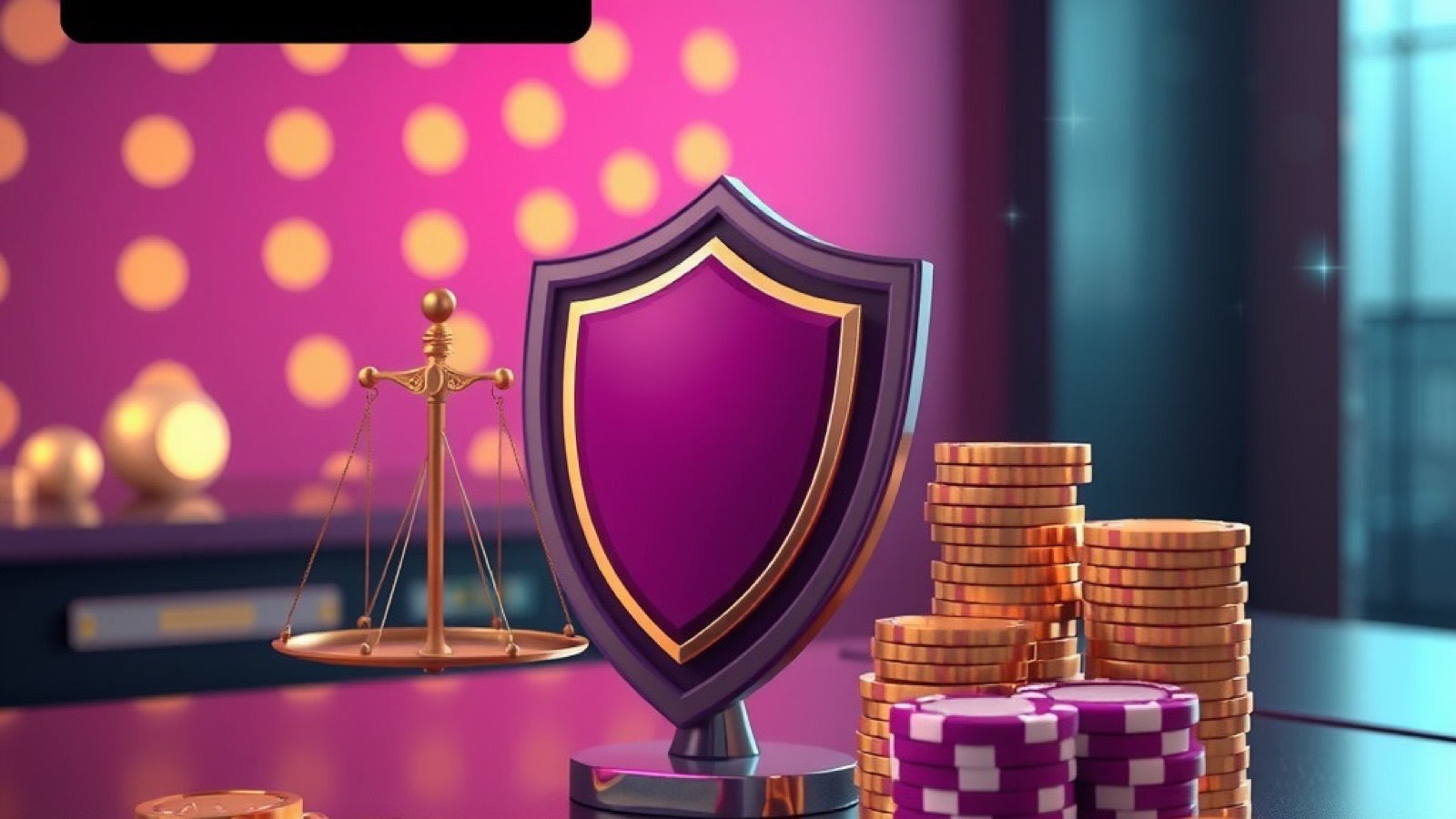 Shield and balance scale over a polished desk with gold coins at Diwa Spin