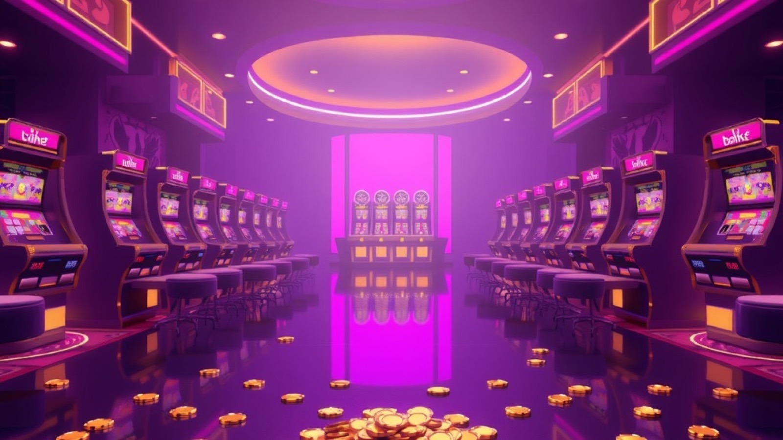 Diwa Spin casino lounge with glowing slot cabinets and gold coins on a dark floor
