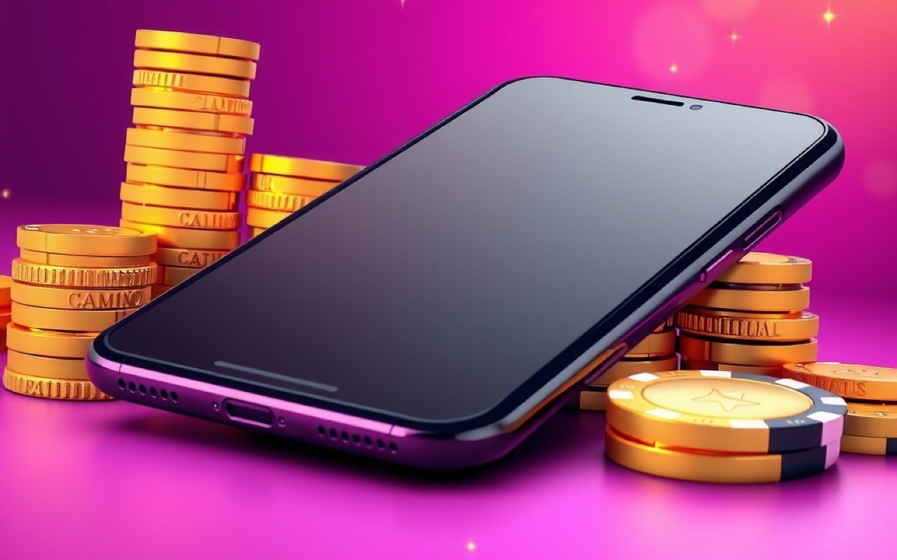 Smartphone showing a glowing Diwa Spin game screen beside gold coins and a chip stack