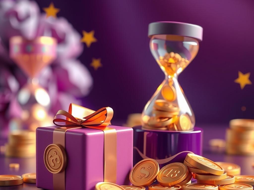 Gift box spilling gold coins beside a glowing hourglass at Diwa Spin